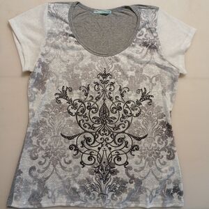 Maurice's Bedazzled T-shirt, Sz Large, 100% Polyester, Gray, White and Silver